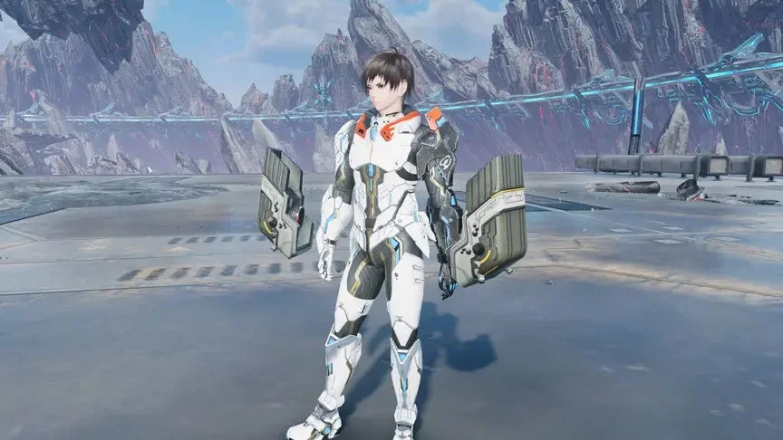 白い戦闘服をまとった男性キャラクターがSF的なアリーナでポーズをとる