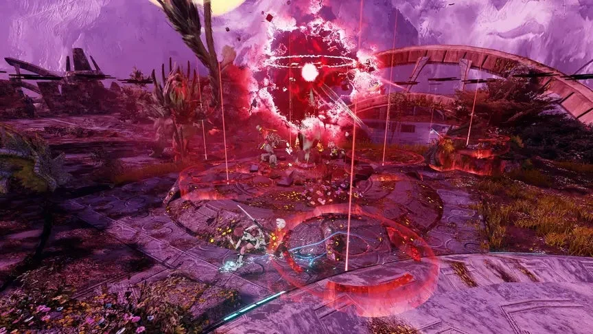 紫色の空と地面が広がるSF的な異世界で、複数のキャラクターが赤いエネルギーの爆発と光線の中で戦闘を行っている様子。