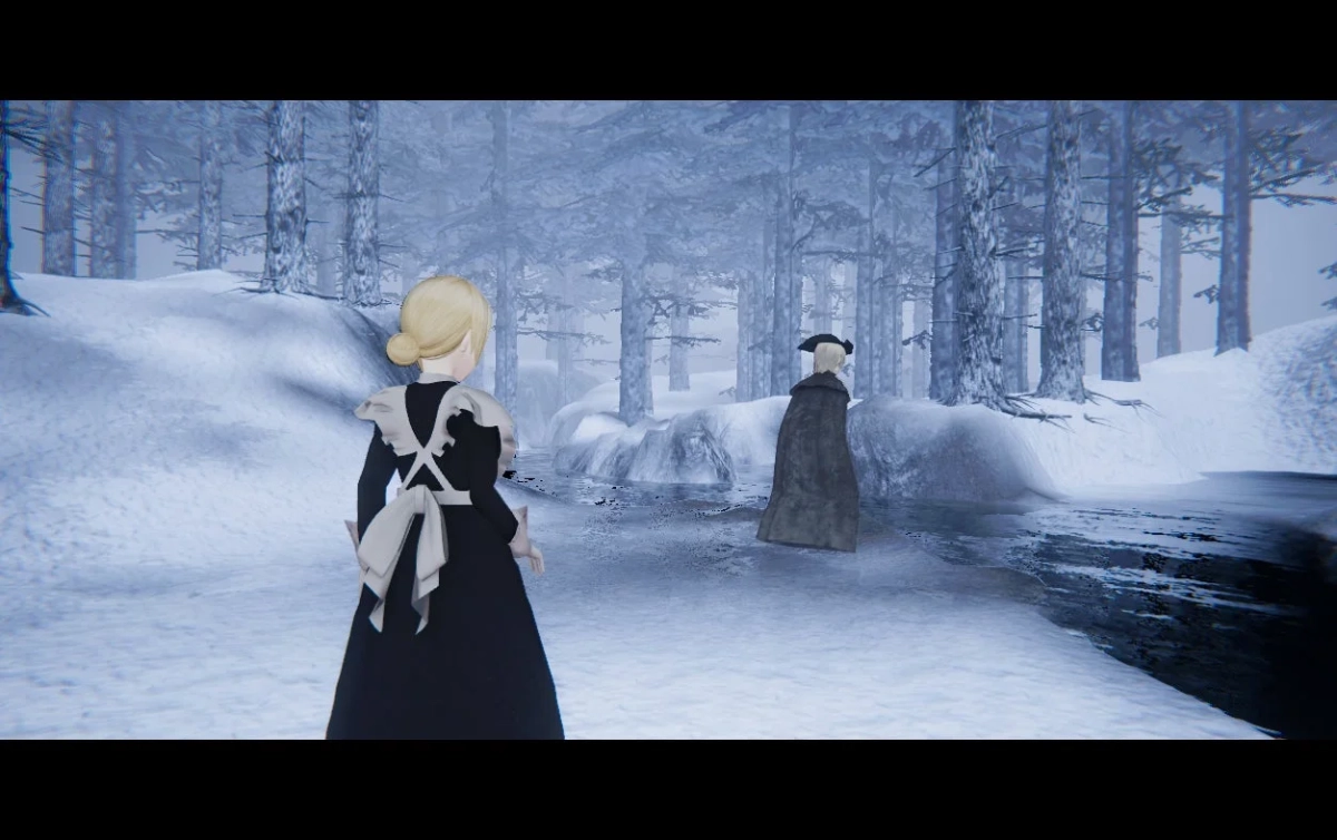 雪が降り積もる森の中で、メイド服の女性がコートを着た人物を見つめている