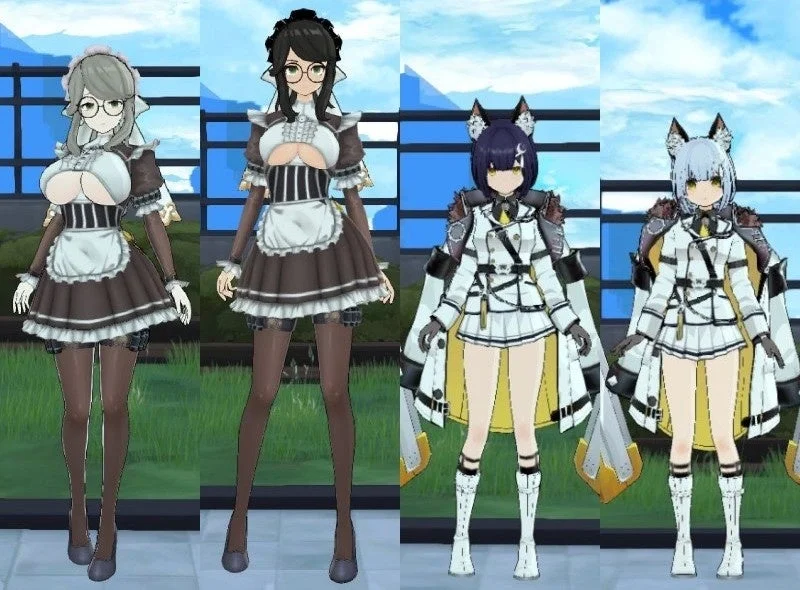4人のアニメ風女性キャラクター、メイド服、軍服