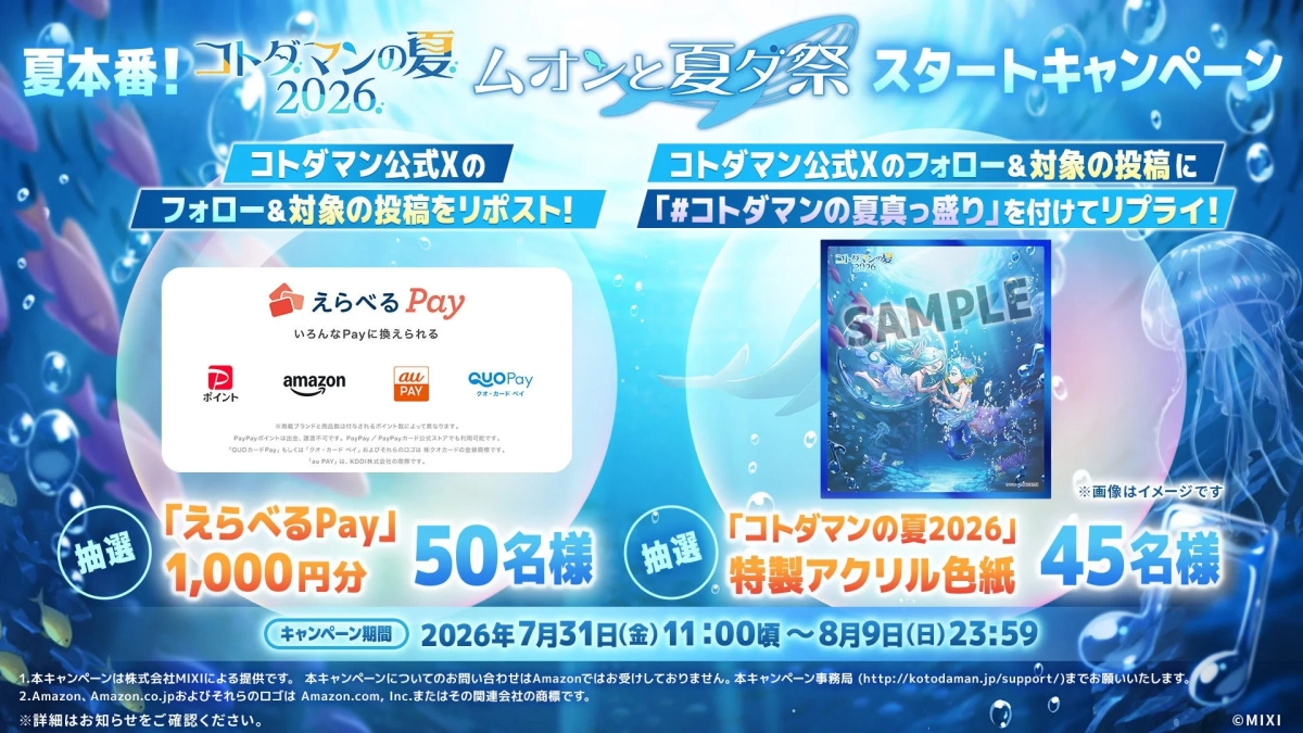 「コトダマンの夏 ムオンと夏ダ祭 スタートキャンペーン」の告知画像。コトダマン公式Xのフォローとリポスト、またはリプライで、えらべるPay1,000円分(50名)か特製アクリル色紙(45名)が当たる。キャンペーン期間は2026年7月31日から8月9日まで。