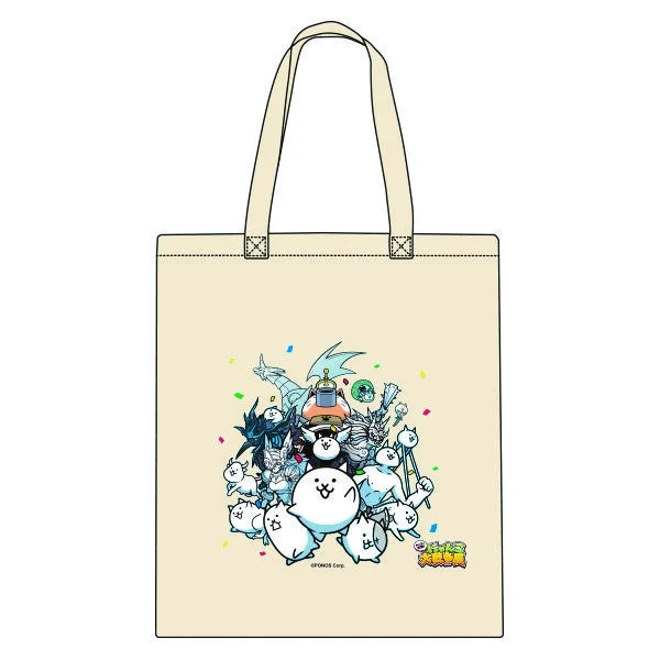 にゃんこ大戦争のキャラクターが多数描かれたベージュのトートバッグ
