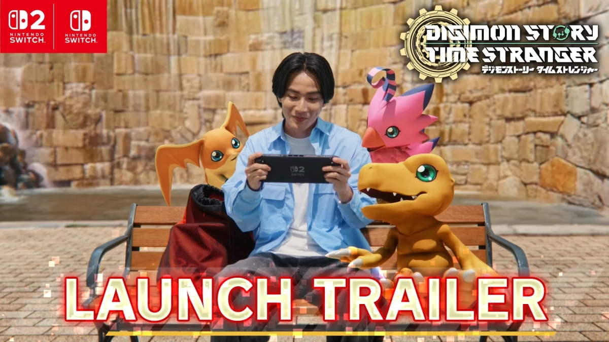 Nintendo Switchでゲームをプレイする男性とデジモンたち