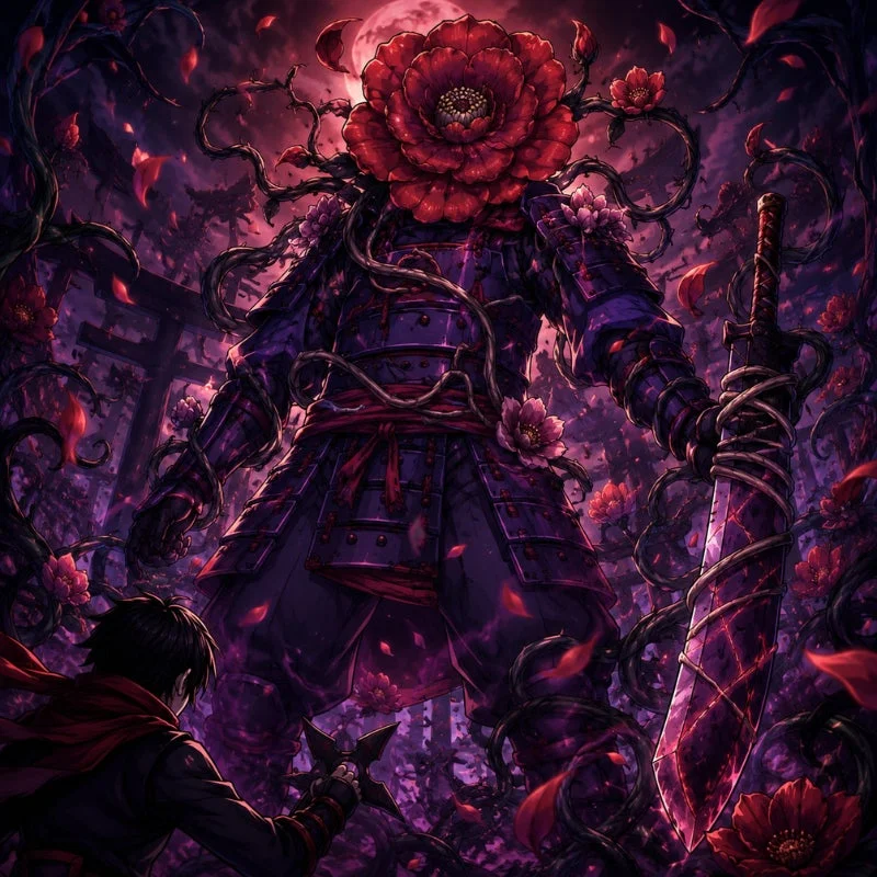 巨大な花の頭を持つ鎧姿の戦士が小柄な戦士と対峙する幻想的なイラスト