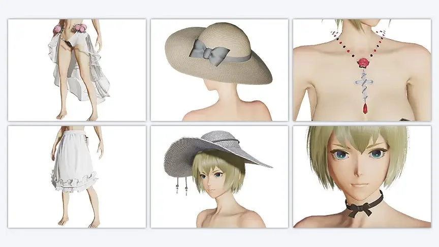 3Dモデルの女性キャラクターと複数のファッションアイテム