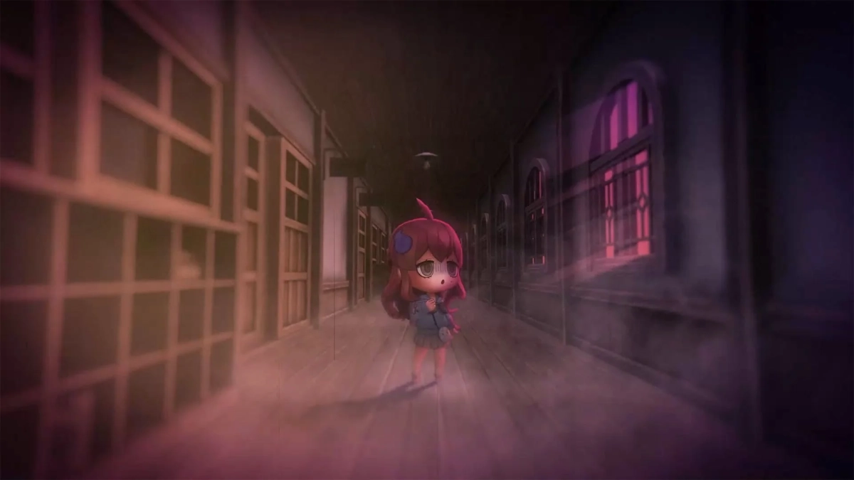暗く霧がかった学校の廊下に立つ少女のキャラクター