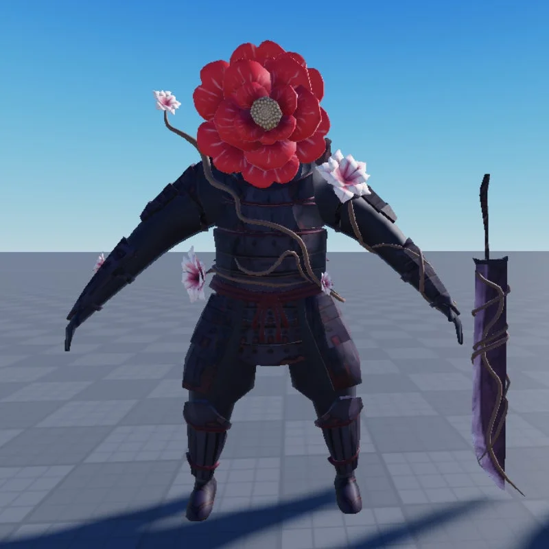 暗いサムライの鎧をまとったキャラクターが赤い花をあしらい、ツルと小さな花が絡みつくファンタジーゲームのような雰囲気