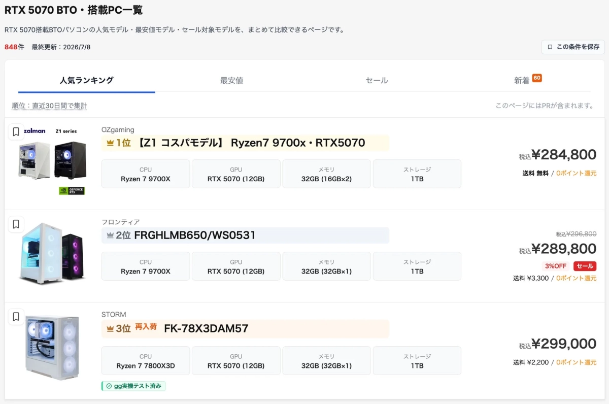 RTX 5070搭載BTOパソコンの人気ランキングと価格比較ページ