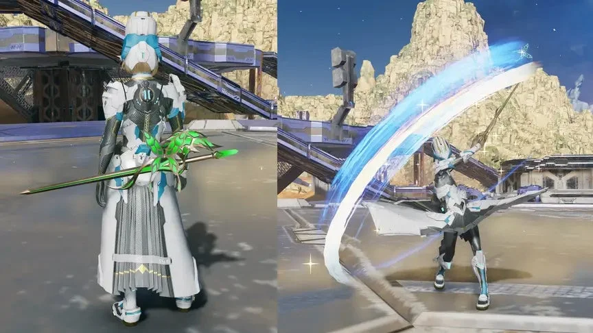 未来的なコスチュームを着たキャラクターが剣を構え、攻撃を繰り出す