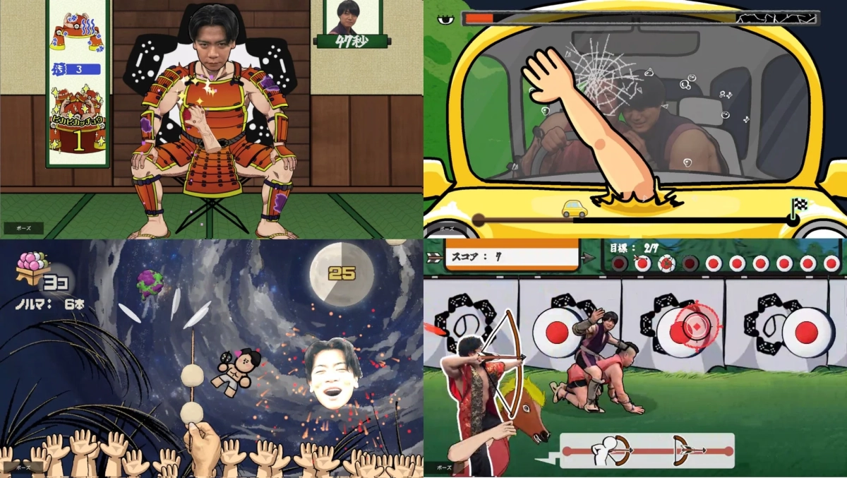 ミニゲーム,バラエティ番組,ゲーム画面,コミカル,和風,侍,車,弓道,団子,有名人,松本潤