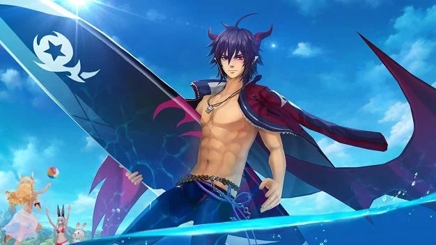 男性アニメキャラクターがサーフボードを抱えている