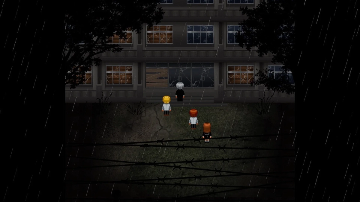 雨、夜、廃墟、学校、ピクセルアート、キャラクター、ホラー