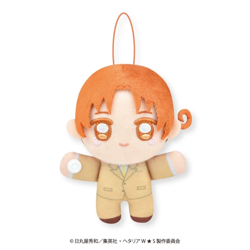 白い背景に、オレンジ色の髪とタレ目が特徴の、ベージュのスーツを着たアニメキャラクターのぬいぐるみが写っています。