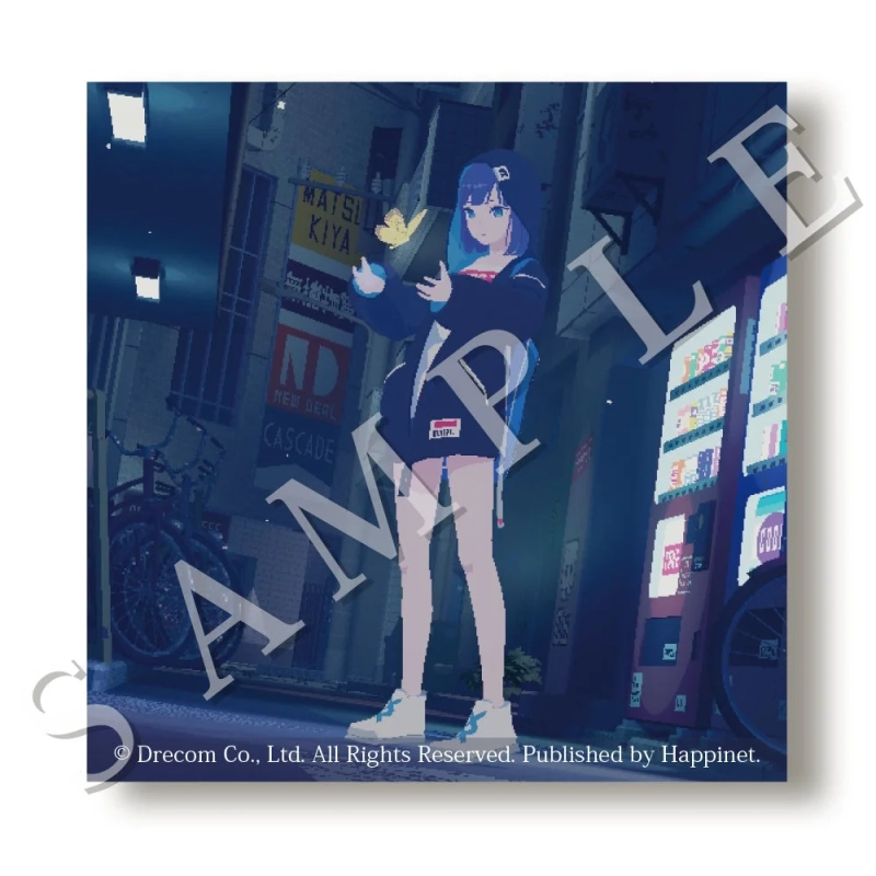 夜の街角に立つ青髪の少女が、光る蝶と対話しているようなデジタルアート