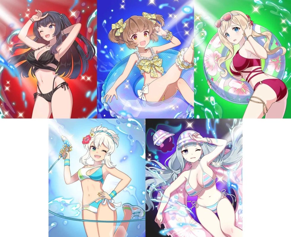 水着姿のアニメキャラクター5人が、浮き輪や水鉄砲を持って夏の水辺を楽しむ様子を描いたイラストです。