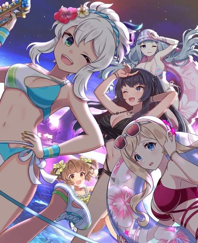 水着姿のアニメ少女たちが、水鉄砲やサーフボードを持って夏らしいビーチで楽しむイラスト。