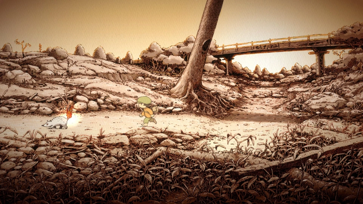 荒れた大地を小さな少年が歩き、光を背負った白い生き物と出会うイラスト