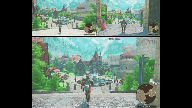 ファンタジー世界の城下町を映したゲーム画面で、異なる視点や設定が比較されています。キャラクターが噴水のある広場を歩いており、遠景には山々が見えます。UIのミニマップも表示されています。