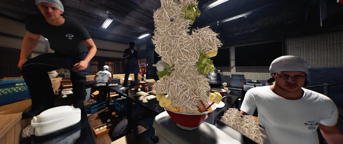 ラーメン屋の厨房で、複数の料理人が信じられないほど山盛りのもやしラーメンを準備している様子