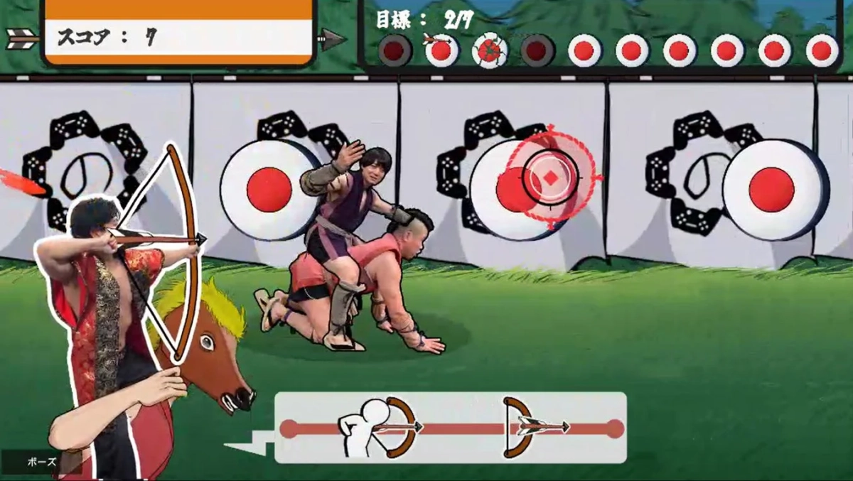 弓道,アーチェリー,ゲーム,コミカル,和風,ターゲット,馬,パフォーマンス,挑戦,男性,スポーツ