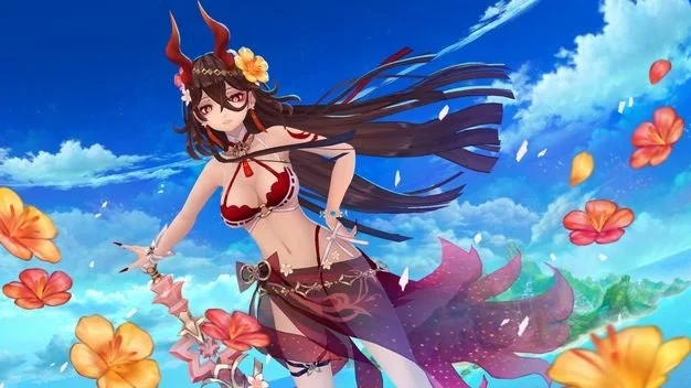 赤い角と水着姿の美少女
