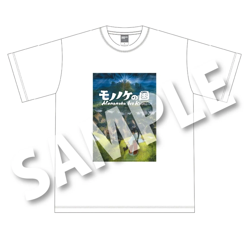 モノノケの国 Mononoke No kuni」と書かれたファンタジー風のグラフィックがプリントされた白い半袖Tシャツ