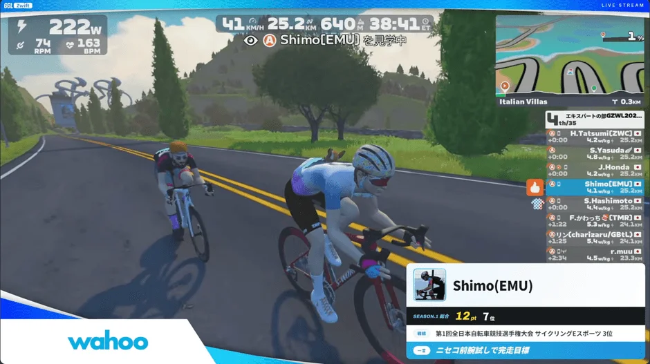 Zwiftレース画面、Shimo(EMU)選手情報