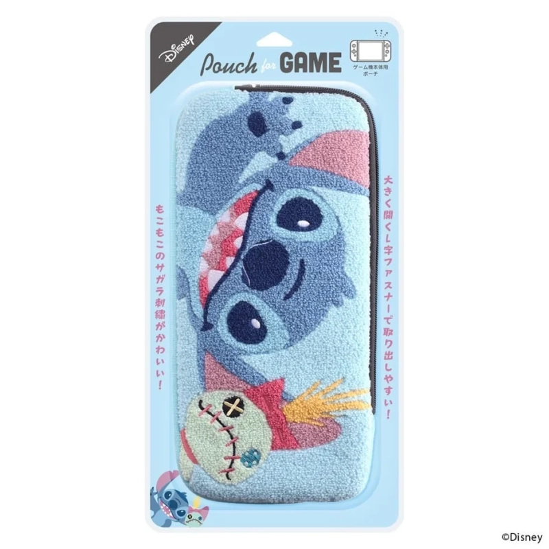 ディズニーのスティッチがデザインされた、もこもこのサガラ刺繍が特徴のゲーム機本体用ポーチ