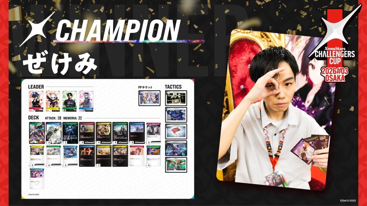 「XrossStars CHALLENGERS CUP 2026#03 OSAKA」のチャンピオン「ぜけみ」の優勝を祝う画像