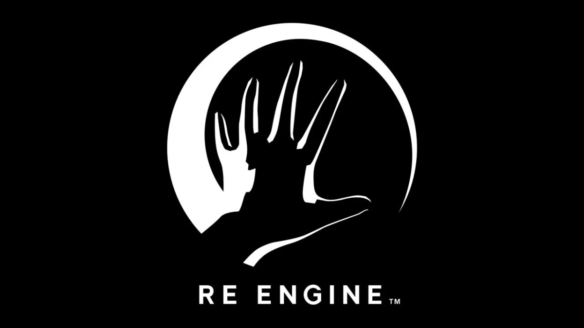 黒い背景に白い手のシルエットと半円が描かれ、「RE ENGINE™」の文字が配置されたロゴマークです。カプコンのゲームエンジンを表しています。