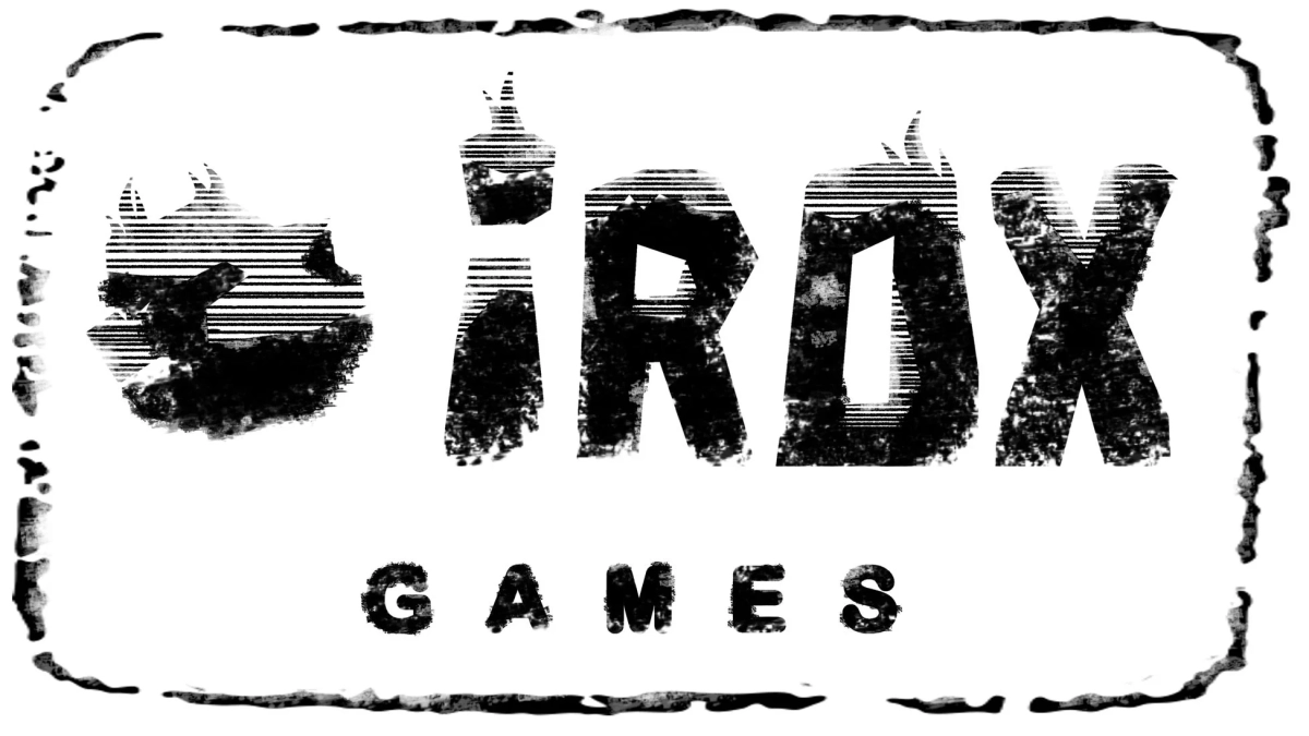 白黒のグランジ風のロゴで、「iROX GAMES」という文字が特徴的にデザインされています。