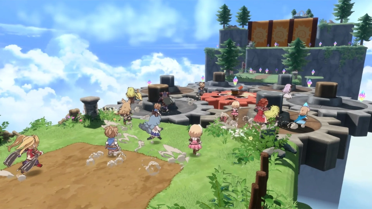 ゲーム画面：浮遊島とキャラクター