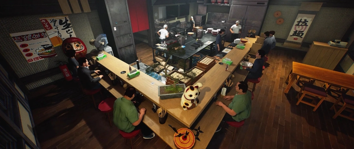 活気ある日本のラーメン店内部の様子