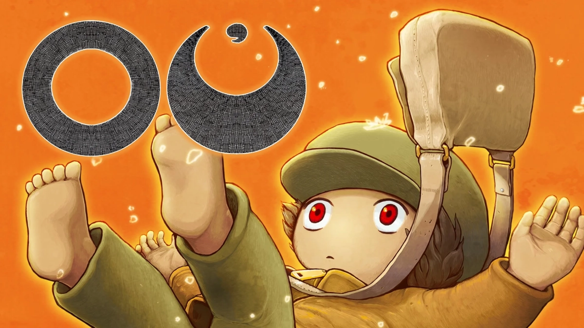 オレンジ色の背景に、大きな赤い目の少年キャラクターが描かれたイラスト