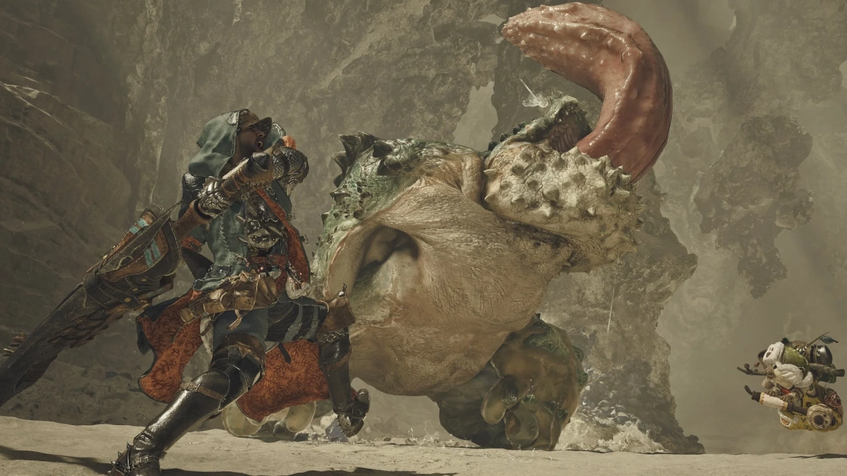 カエル型のモンスターと対峙するハンター