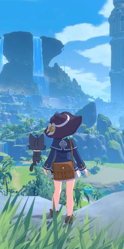 キャラクターと黒猫が滝を眺める風景