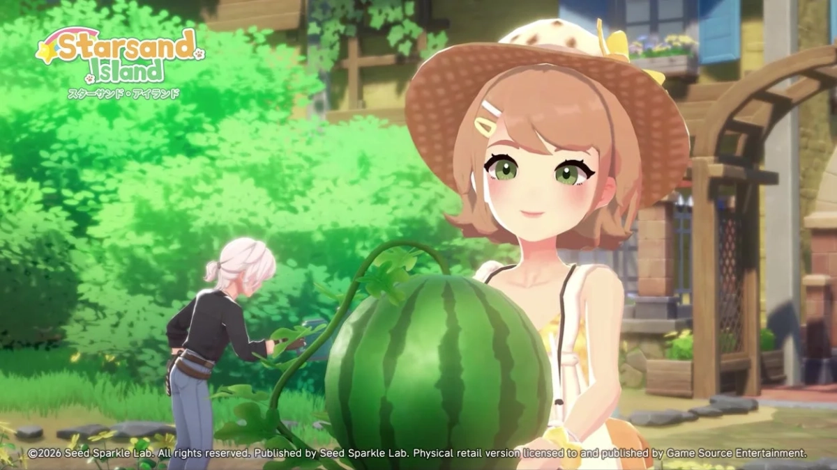 スイカを持つ少女と畑