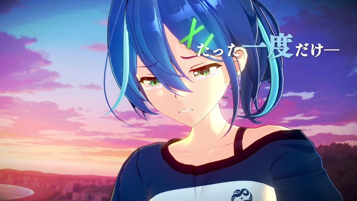 夕焼け空を背景に、青い髪と緑の目をしたアニメの少女が涙を流している様子。悲しげな表情で何かを訴えかけているようだ。