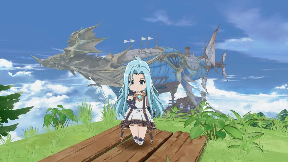 ちびキャラの少女と飛行船、ドラゴン