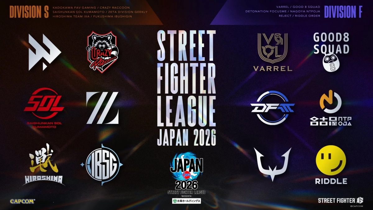 ストリートファイターリーグ JAPAN 2026のチームロゴとディビジョン分けの画像