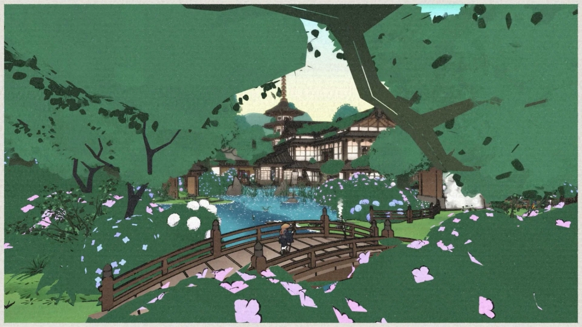緑豊かな木々に囲まれた日本庭園の風景。池には木製の橋が架かり、その上には小さな人物が立っています。