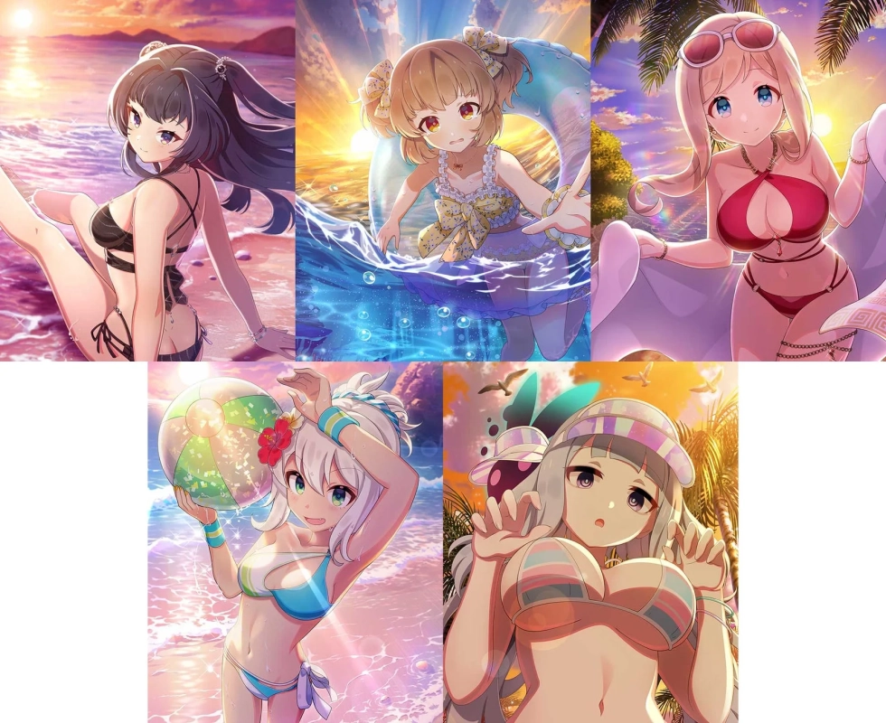 夕焼けのビーチや水辺で、様々なデザインの水着を着た5人のアニメ風の美少女たちが、夏を満喫している様子を描いたイラスト。