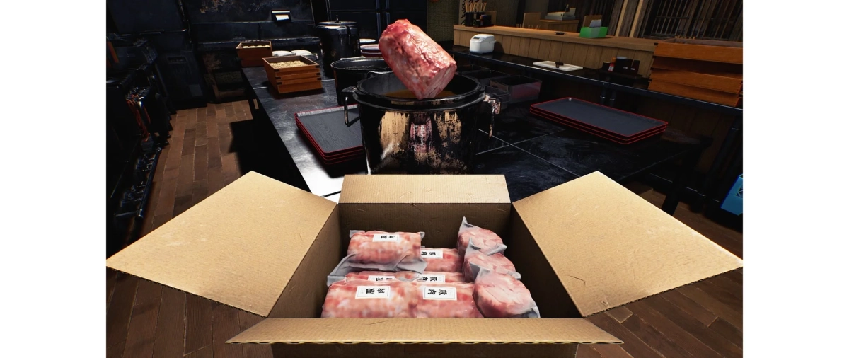 厨房で大きな生の豚肉が鍋に入れられる様子