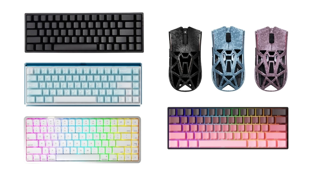 様々なデザインと色のメカニカルキーボードと、特徴的なデザインのゲーミングマウスが3つ並べられたPC周辺機器のコレクション