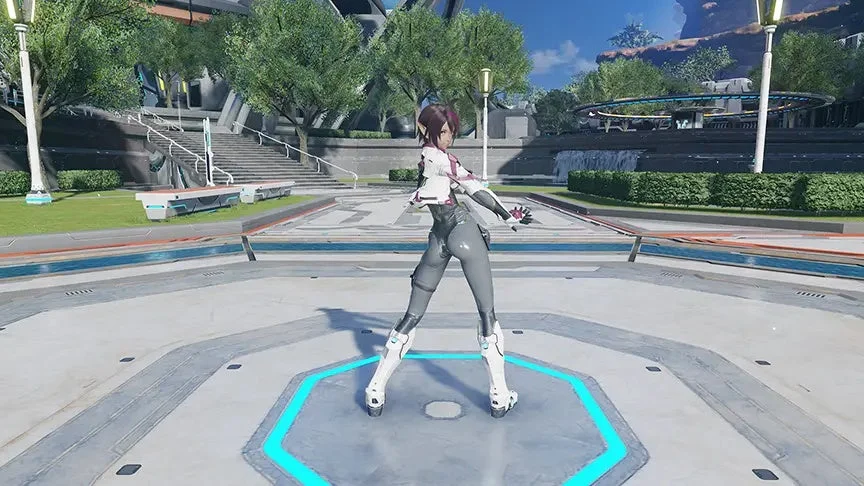 ファンタシースターオンライン2 ニュージェネシスに登場する女性キャラクターが、未来的な広場でポーズ