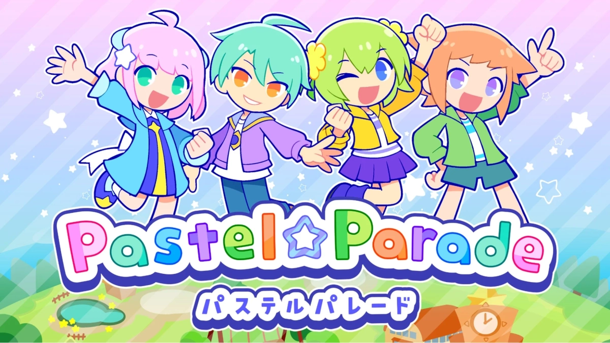 パステルカラーの衣装を着た4人のアニメ風キャラクターが楽しそうにポーズをとっているイラスト