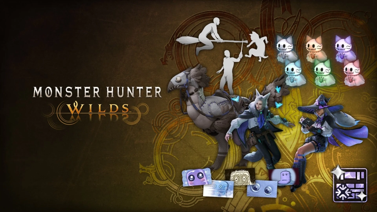 「MONSTER HUNTER WILDS」のキービジュアル。魔女や魔法使い風のキャラクター、騎乗可能なモンスター、ハロウィンを思わせる猫型キャラクターやアイコンが描かれており、ゲーム内のイベントやコンテンツを示唆している