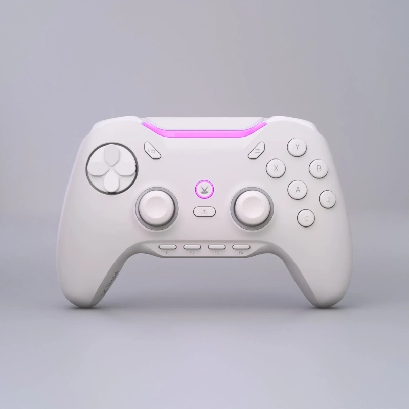 白いゲームコントローラーが中央に配置されており、ピンク色のアクセントライトが特徴的です。