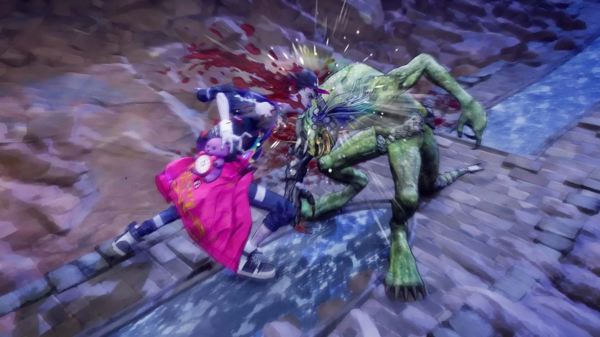 ピンクの衣装をまとったキャラクターが、緑色の不気味なモンスターを攻撃している激しい戦闘シーン。