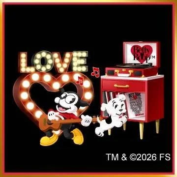 ギターを弾くベティー・ブープと犬、LOVEの文字